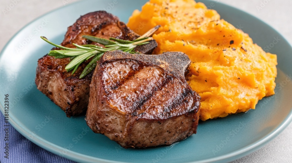 smoked lamb chops with a rosemary glaze, plated with roasted garlic 