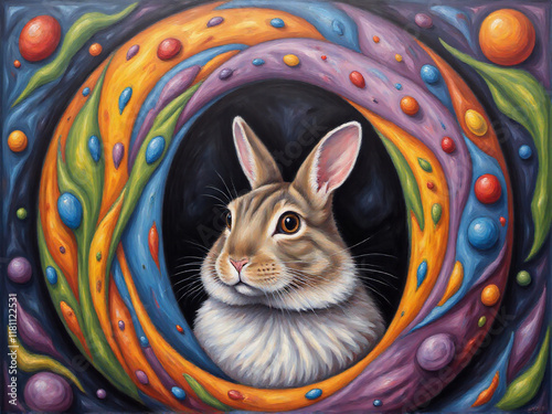 A whimsical and colorful portrait of a rabbit, surrounded by a vibrant, abstract swirl of shapes and colors. photo