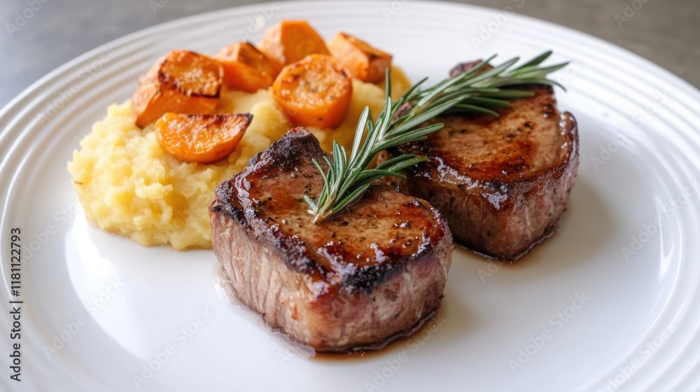smoked lamb chops with a rosemary glaze, plated with roasted garlic and mashed sweet potatoes smoked lamb chops with a rosemary glaze, plated with roasted garlic and mashed sweet potatoes