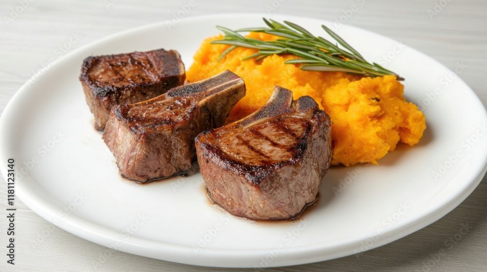 smoked lamb chops with a rosemary glaze, plated with roasted garlic and mashed sweet potatoes smoked lamb chops with a rosemary glaze, plated with roasted garlic and mashed sweet potatoes