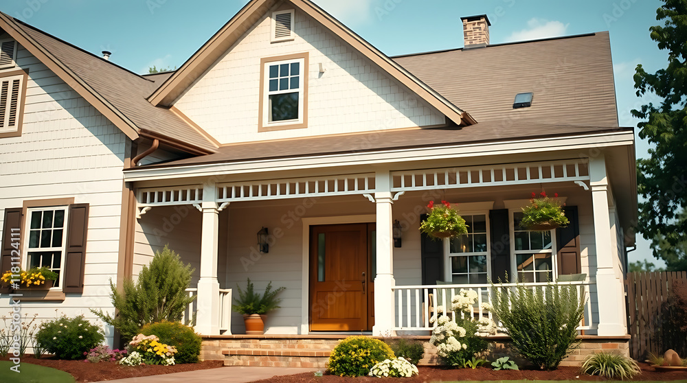 Fototapeta premium Two-Story House with Porch and Landscaping