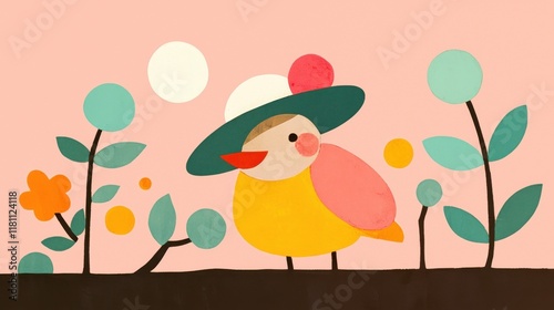 Bird watercolor concept. Whimsical Doodle Bird in Fancy Hat Perched on Colorful Floral Landscape