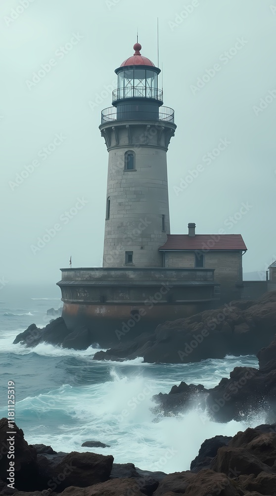 An old lighthouse on the coast, waves crashing against its base An old lighthouse on the coast, waves crashing against its base