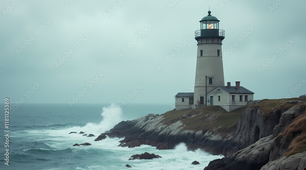 An old lighthouse on the coast, waves crashing against its base An old lighthouse on the coast, waves crashing against its base