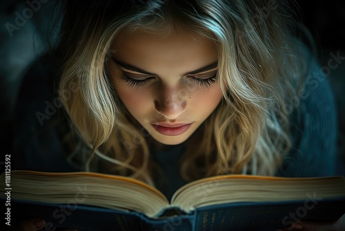 Young Woman Deep in Thought as She Reads an Engaging Novel in Dim Light photo