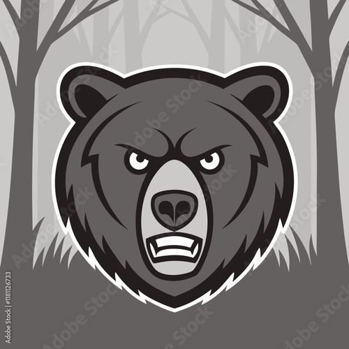 A powerful bear roaring in a misty forest, captured in detailed vector artwork