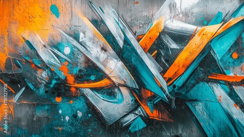 A layered graffiti texture merging chaotic streaks of silver, turquoise, and orange, creating a vibrant contrast