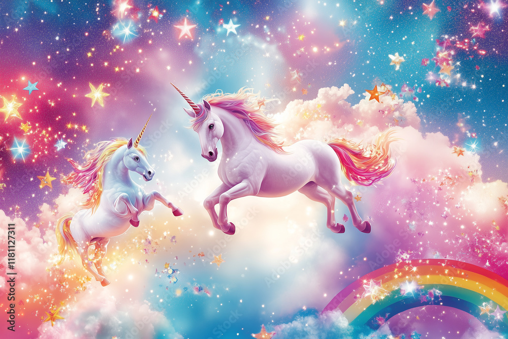 Fototapeta premium Fantasy Wallpaper with Unicorns and Rainbows ユニコーンと虹が舞うファンタジー壁紙