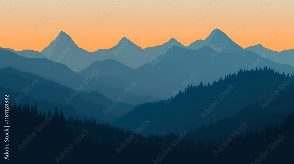 Fototapeta premium Sunset mountain range silhouette, forest foreground, peaceful landscape, nature background, travel poster.