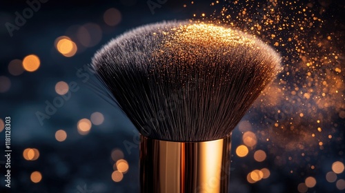 Makeup Brush with Sparkling Powder Explosion Against Bokeh Background