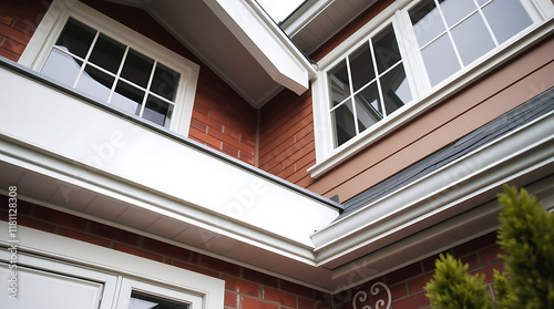 Low-angle view of a house's exterior, showcasing red brick siding, white window frames, and a prominent white fascia board and gutter system.  The image emphasizes architectural details.