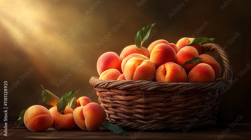 Sunlit Basket of Ripe Peaches Sunlit Basket of Ripe Peaches