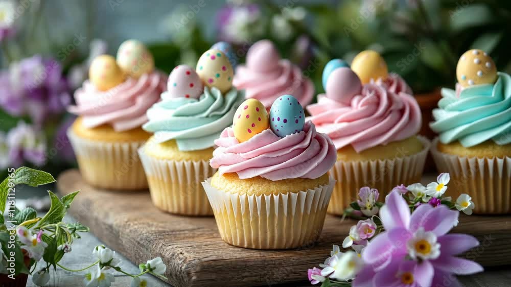 Colorful cupcakes presenting springtime blossoms with decorative icing and eggs