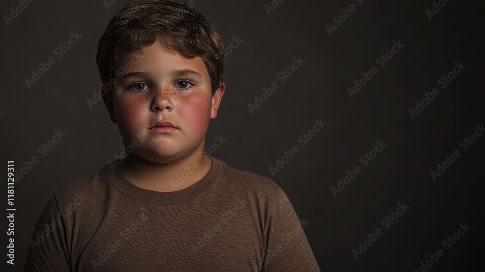 Naklejka premium Portrait of a Young Overweight Boy with Protruding Features