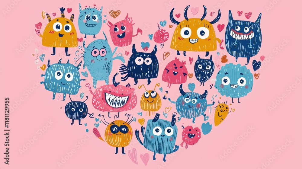 Fototapeta premium Colorful Cartoon Monsters in a Heart-Shaped Illustration for Fun