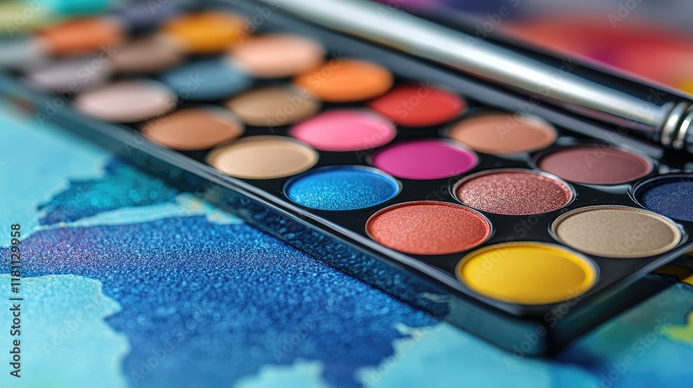 Vibrant Eyeshadow Palette with Bold Colors on Artistic Background Vibrant Eyeshadow Palette with Bold Colors on Artistic Background