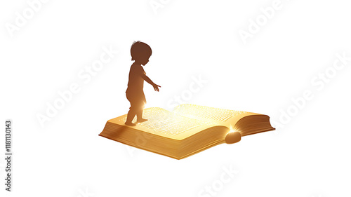 a little kid walking on a glowing opened book heading to education 