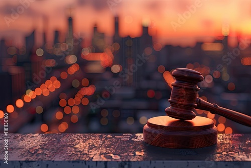 Detailed Visual  of Wooden Gavel of Law on Table with City Skyline in Background