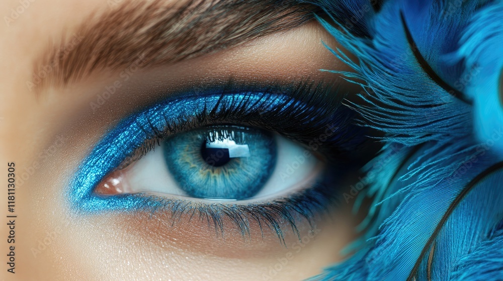 Fototapeta premium Vivid Blue Eye with Artistic Makeup and Feather Details - A Captivating Close-Up Shot