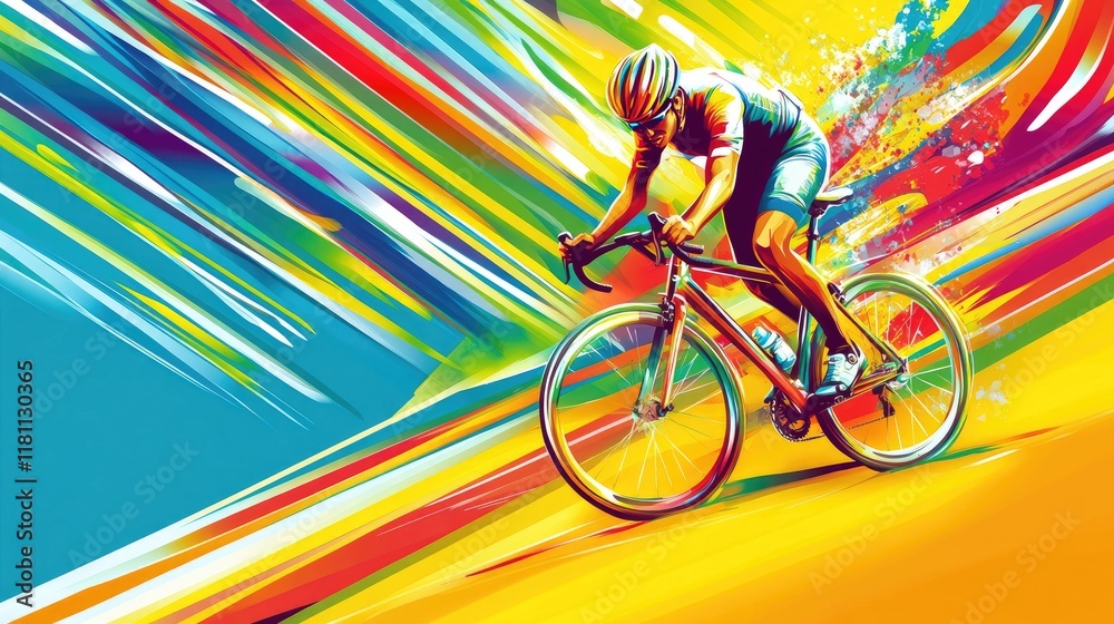 Fototapeta premium Vivid Cycling Adventure: Energetic Cyclist Against Colorful Streaks in Dynamic Art