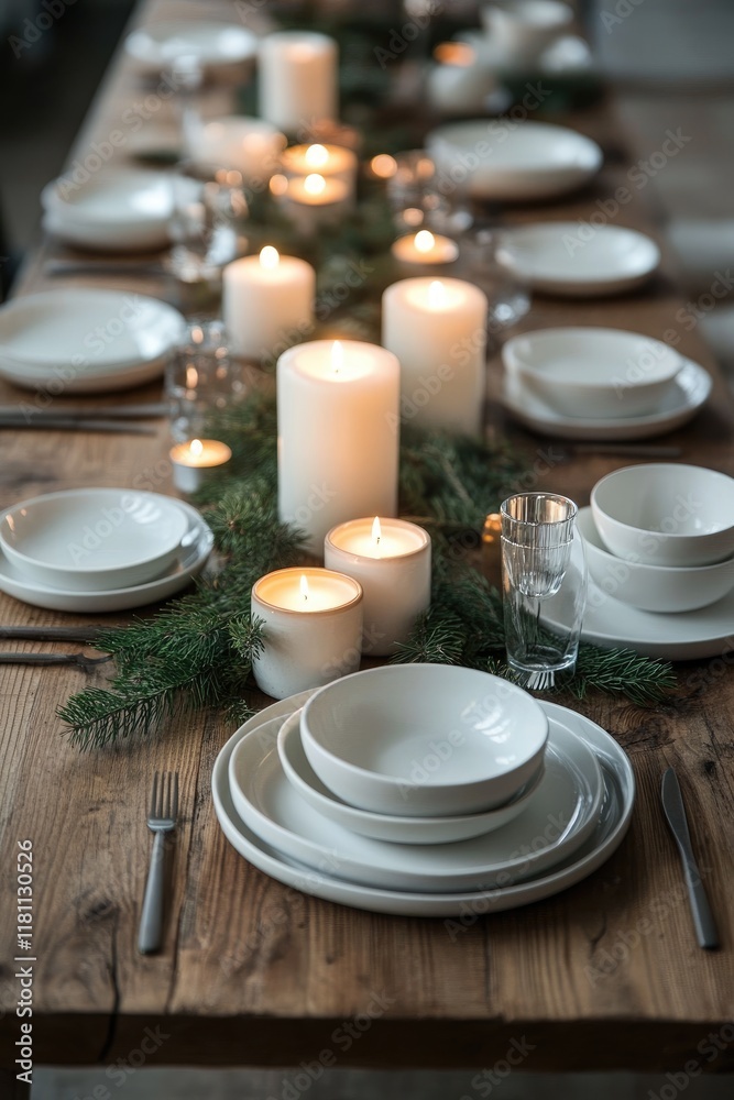 Elegant Holiday Dinner Table with Candles and Greenery Centerpiece Elegant Holiday Dinner Table with Candles and Greenery Centerpiece