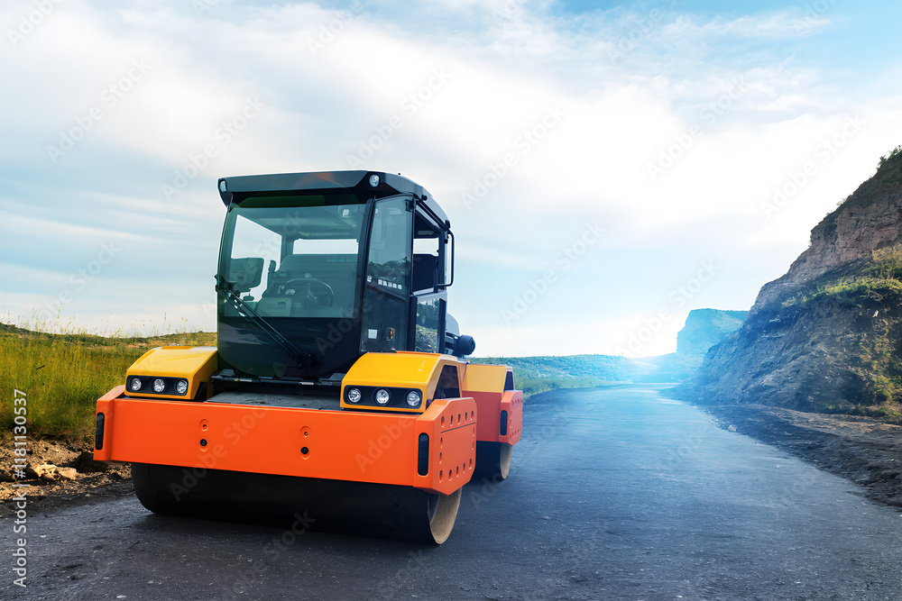 Road building machine on construction site with blue sky backdrop