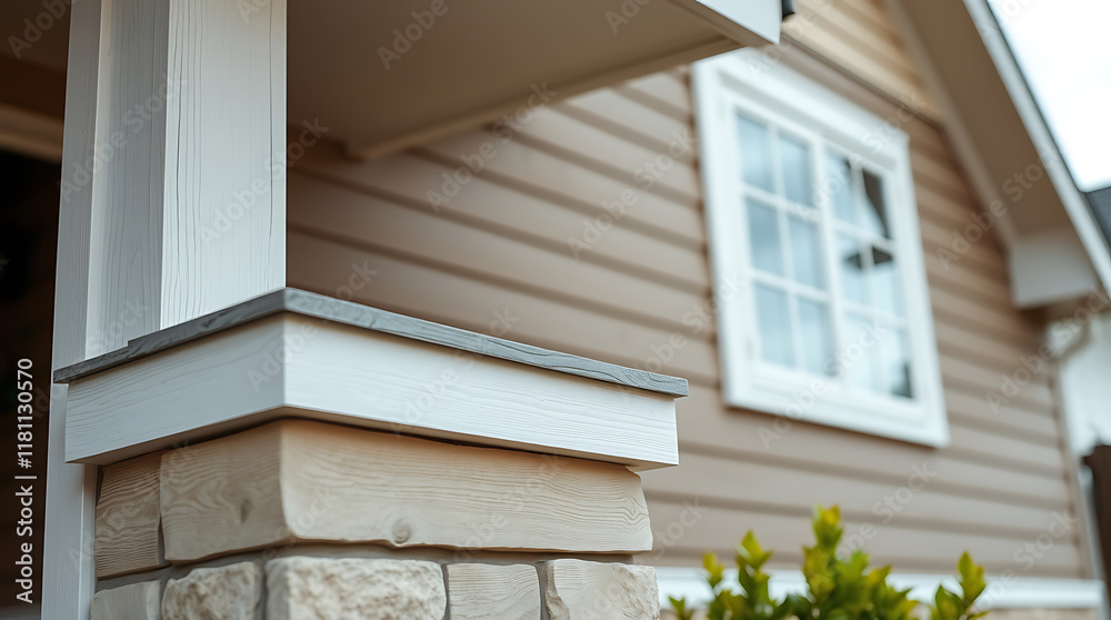 Fototapeta premium Close-up view of a house's exterior. Focus is on a stone and wood porch column, with a light brown wood-sided house and white window in the background. The color scheme is muted neutrals.