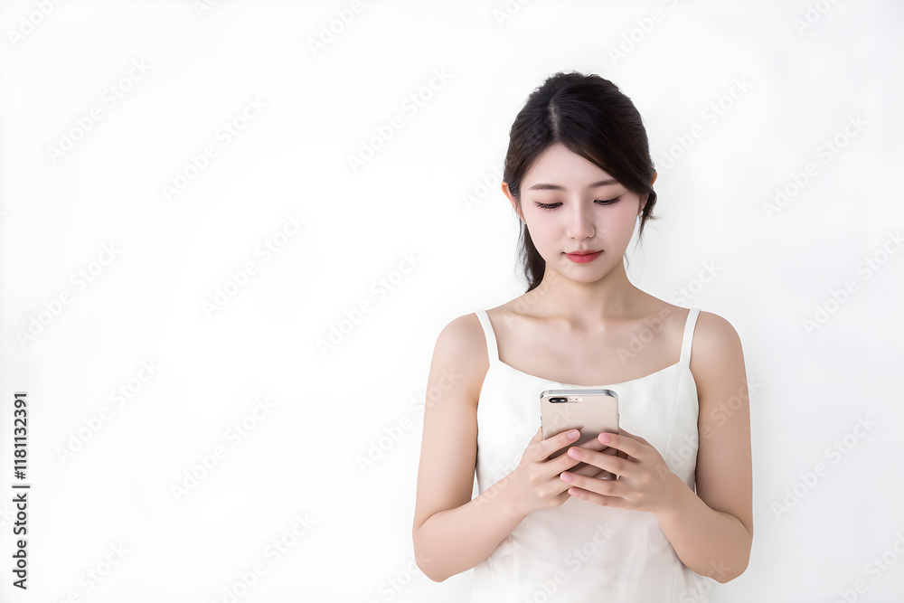 Young Woman Engaged with Smartphone in Minimalistic White Room Young Woman Engaged with Smartphone in Minimalistic White Room