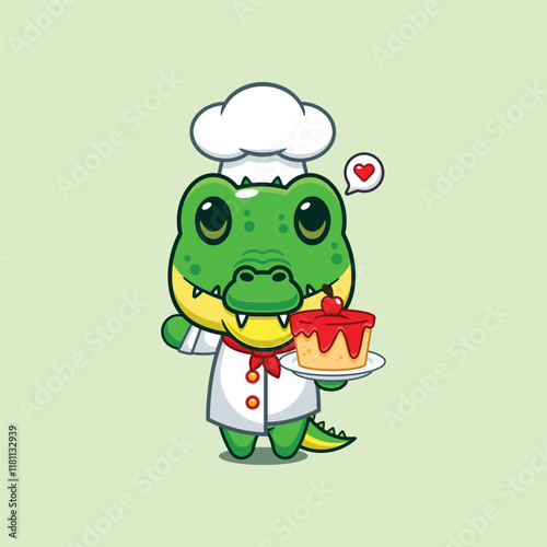 chef crocodile mascot cartoon character with cake