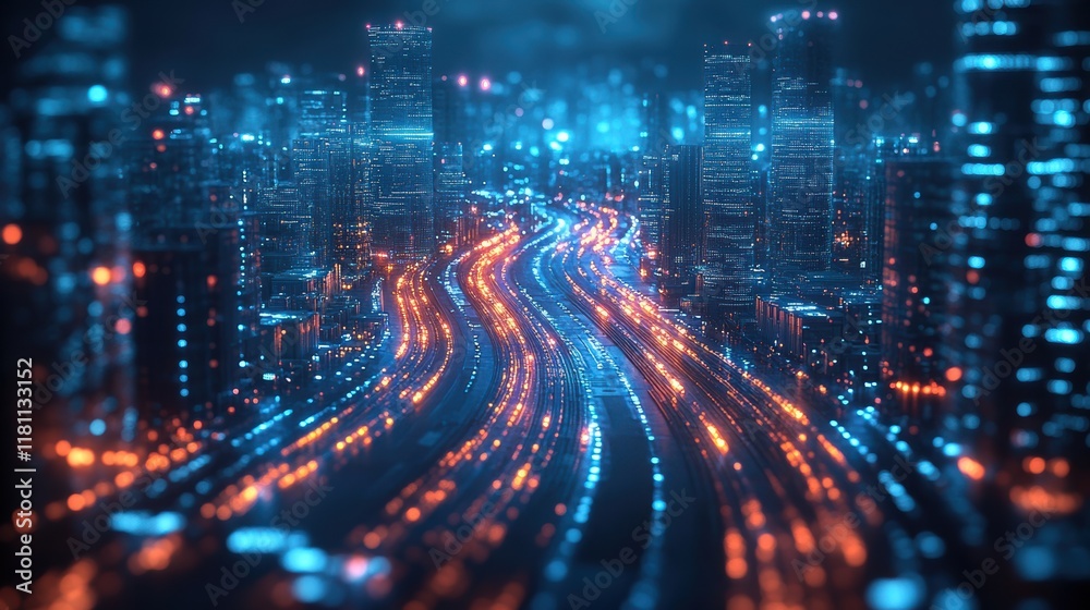 Fototapeta premium Aerial view of smart city with highspeed internet data streams