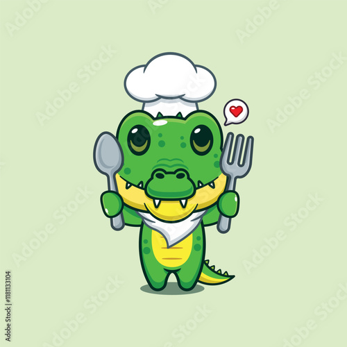 chef crocodile mascot cartoon character holding spoon and fork