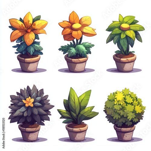 Colorful potted plants set for mobile game design with stylized foliage and vibrant flowers on white background