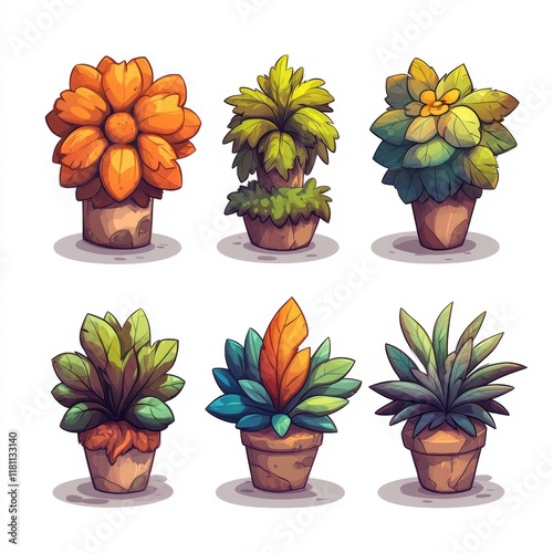 Colorful potted plants set with diverse foliage designs for mobile game assets and decorative use, vibrant cartoon illustration