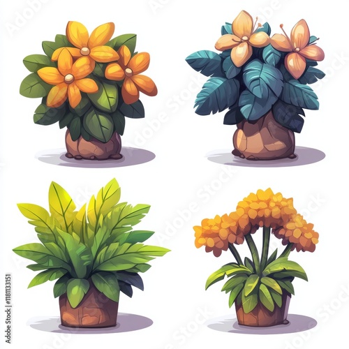Colorful potted plants set with vibrant flowers and lush foliage, ideal for mobile game assets or decorative elements