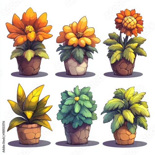 Colorful potted plants set with vibrant flowers and lush leaves, cartoon-style digital illustration for mobile game assets