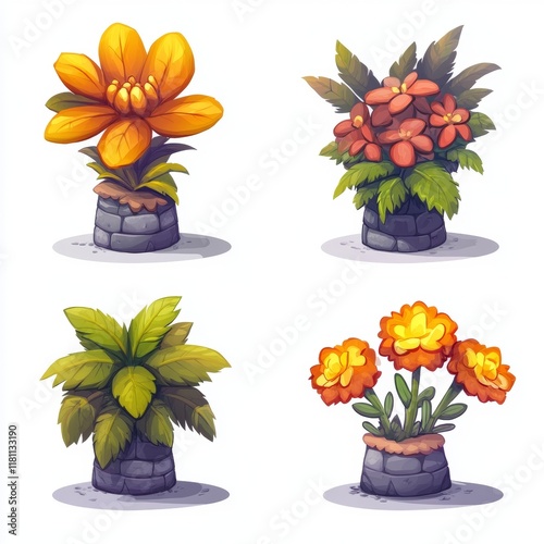 Vibrant cartoon-style flower pack with colorful potted plants, ideal for mobile game assets or decorative illustrations