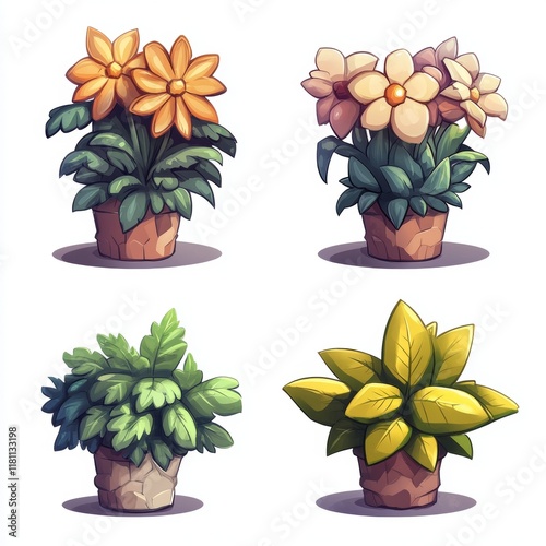 Colorful potted plants set with vibrant flowers and leaves, ideal for mobile game assets or digital illustrations