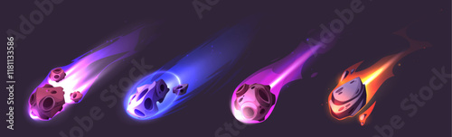 Glowing asteroid and comet collection with colorful fire trails. Celestial meteors with orange, blue, pink, purple flames, luminous cosmic rocks, blazing space debris for cosmic galaxy arcade games.