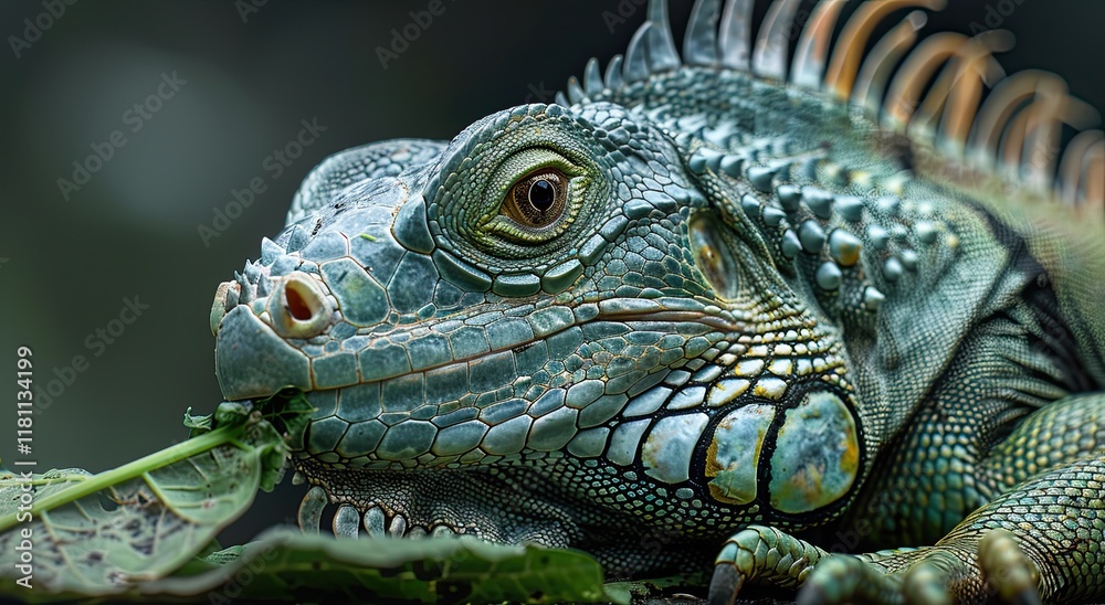 Fototapeta premium Green iguana eating leaves, close-up portrait, blurred background, nature wildlife.