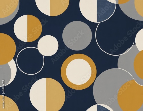 Abstract Geometric Seamless Pattern: Navy, Mustard Yellow, and Gray Circles