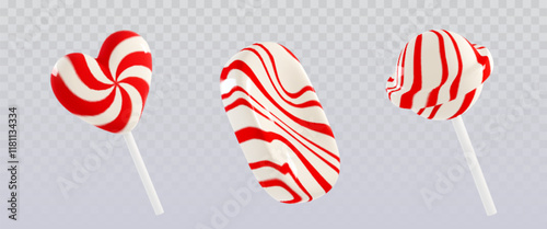 3D candy collection showing heart shaped lollipop with spiral pattern, oval striped sweet and round peppermint treat on stick. Red and white confectionery decoration for festive or candy shop design.