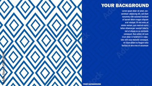This image features a geometric pattern on the left side, consisting of blue diamond shapes on a white background. The right side of the image has a solid blue background with white text. 