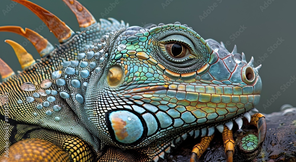 Fototapeta premium Vibrant Green Iguana Close-up, Rainforest Habitat. Nature documentary use.