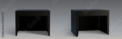 Black booth mockup - portable counter with decorative scalloped trim from different angles. Realistic dark exhibition stand template for trade shows, retail presentations or event space visualization.