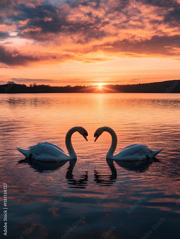 Naklejka premium Swans Forming Heart Shaped Silhouette at Serene Sunset Lake