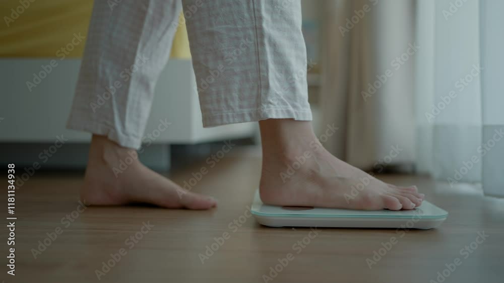 Close up a woman's bare feet stepping onto a digital weighing scale in the morning at home. Healthy lifestyle and weight awareness concept Close up a woman's bare feet stepping onto a digital weighing scale in the morning at home. Healthy lifestyle and weight awareness concept