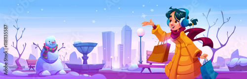 Young woman in winter city park. Vector cartoon illustration of happy girl with shopping bags catching snowflakes, snowman on public garden alley, benches and fountain, modern cityscape on background