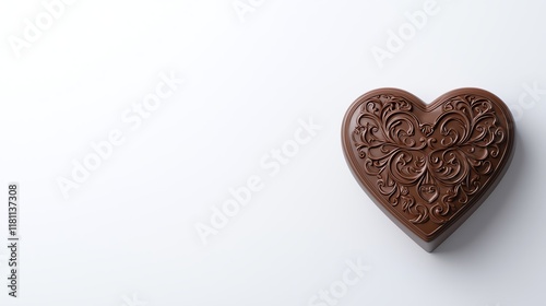 A beautifully crafted chocolate heart with intricate designs, set against a minimalistic background.