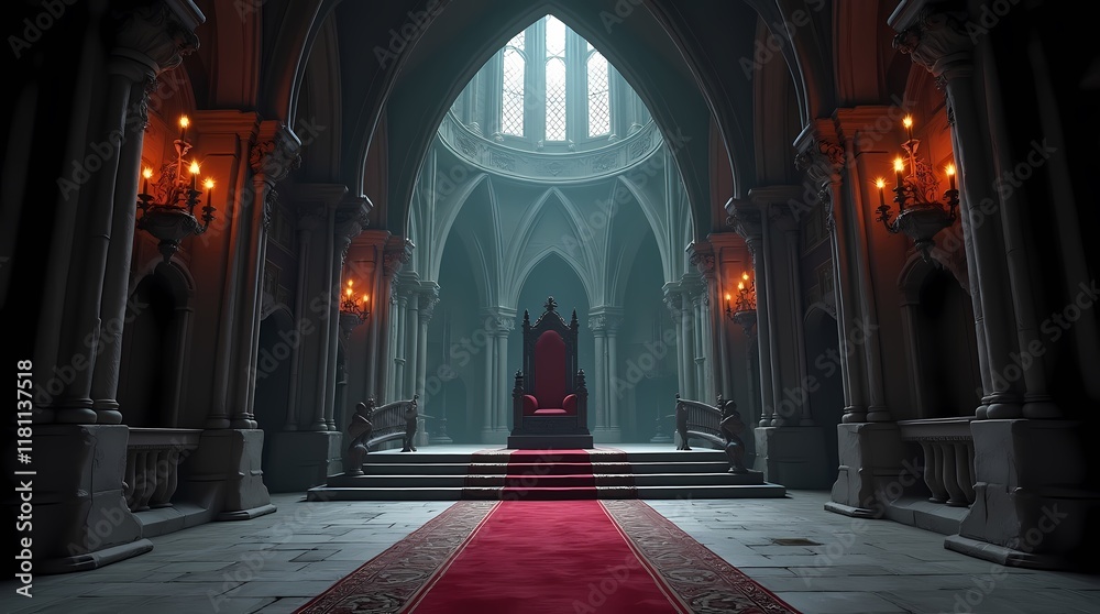 Obraz premium Majestic Gothic castle hall in dark fantasy style with throne, perfect for fantasy decorations