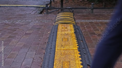 Outdoor Black and Yellow Cover Ground Cable Protector for Electric Power Cord Crossing Pedestrian Sidewalk Park Alley